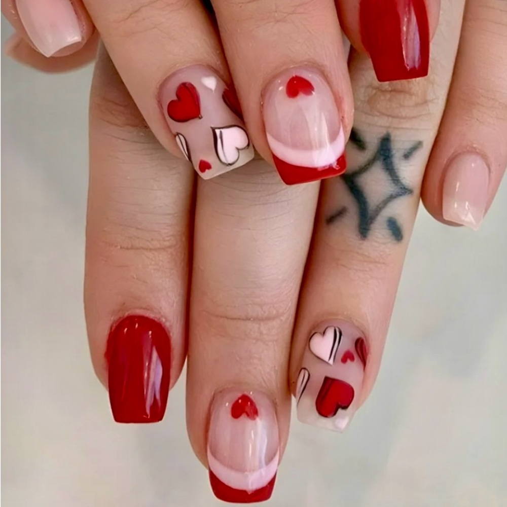 French Tip Pink and Red Heart Design Acrylic Nails